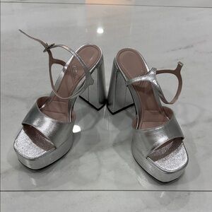 Zara Silver Metallic Platform Block-Heel Sandals